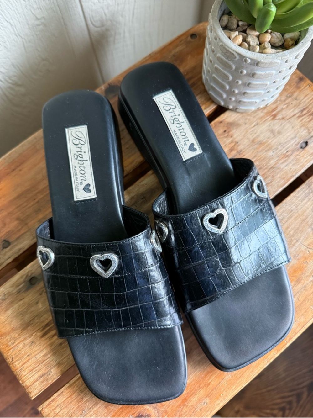 Brighton Yoko Black Crocodile Embossed Leather Slip-on Sandals
